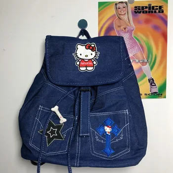 Kawaii hello kitty Y2K рюкзаки, сумки, винтажный американский джинсовый рюкзак большой емкости на веревочной тяге, mochilas для студенческих девушек, женщин