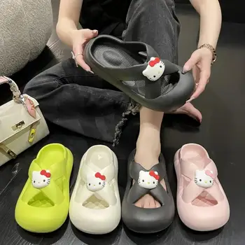 Sanrio Летняя Новинка Kawaii Hello Kitty My Melody Комплект верхней одежды с плоской подошвой Обувь для головы Милые Девушки Повседневные Сандалии с мягкой подошвой