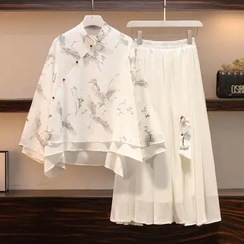 Женское Летнее Шифоновое платье Hanfu в Китайском стиле, Современный Комплект с Белой Юбкой Размера Плюс 5XL, Традиционный костюм, Платье-двойка, Костюм
