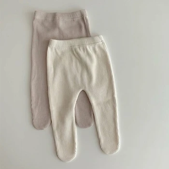 Леггинсы для новорожденных девочек, весенне-осенние однотонные простые колготки в полоску с косточками для новорожденных, хлопковая повседневная базовая детская одежда для мальчиков 0-24 м