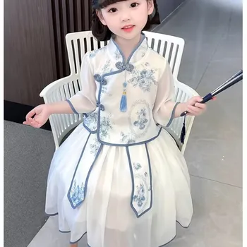 Летнее платье Hanfu из двух предметов для маленьких и средних девочек на тонких пуговицах, привлекательный Улучшенный костюм в китайском стиле