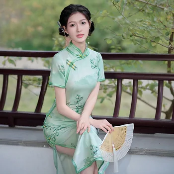 Летнее Улучшенное Зеленое Макси-Чонсам в винтажном китайском традиционном стиле 2023, Элегантное вечернее платье Qipao для женщин
