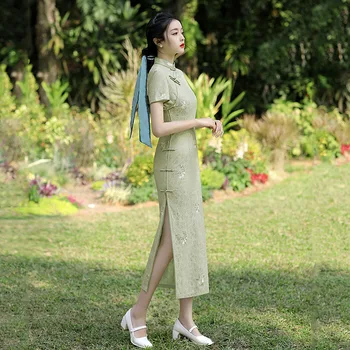 Летний Зеленый Длинный Чонсам 2023, Улучшенный, для молодых Девушек, С кружевной вышивкой, Элегантное Свадебное вечернее платье Qipao Performance для женщин