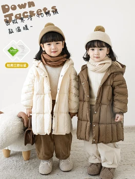 Однотонная длинная пуховая куртка для девочек Зимняя одежда 2022, утолщенное детское ветрозащитное пальто с капюшоном