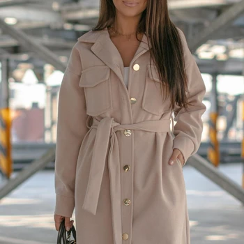 Осенне-зимняя Женская одежда 2021 года, Модное Однотонное Шерстяное пальто средней длины с Отворотом и длинными рукавами на шнуровке
