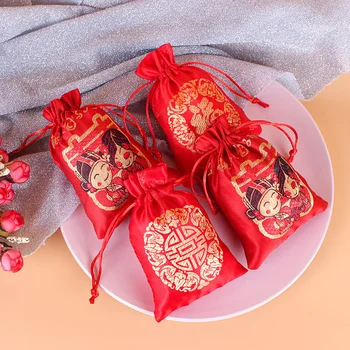 20 штук красных парчовых сумок-фузи в китайском стиле со шнурком, свадебная праздничная сумка для конфет, упаковка ювелирных изделий, сумка-фузи