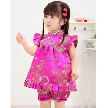 2019 Новые летние комплекты одежды с цветочным рисунком для маленьких девочек, новогодние китайские топы, платья, шорты, Ципао чонсам