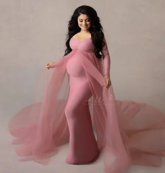 2020 Летние тюлевые Длинные платья для беременных, Хлопковое платье для душа ребенка, Эластичное платье для фотосъемки беременности с накидкой и длинным шлейфом