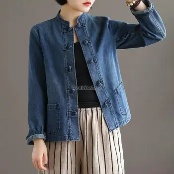 2021 весна/лето, китайский винтажный этнический стиль, дисковая пряжка, воротник-стойка, повседневная джинсовая куртка в китайском стиле с длинным рукавом, размер s-5xl g991
