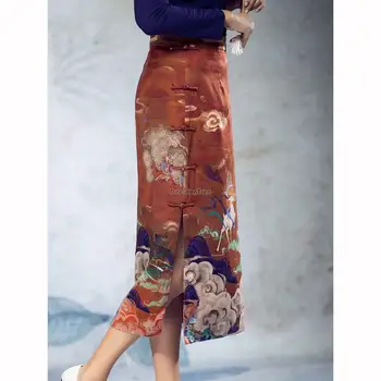 2023 винтажная юбка в китайском стиле с принтом, новинка весны, женская юбка с высокой талией и высоким разрезом, национальный стиль, ретро, модная элегантная юбка s517