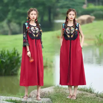 2023, длинное платье с вышивкой в китайском ретро-этническом стиле, женское национальное винтажное платье с v-образным вырезом без рукавов, свободное длинное повседневное платье s410
