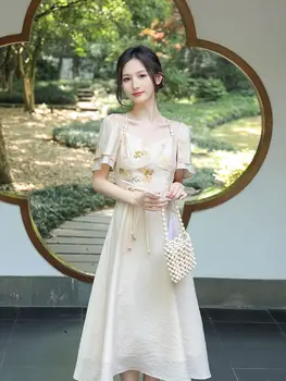 2023 новый китайский стиль, пряжка с квадратным вырезом, улучшенный современный женский комплект одежды hanfu, шифоновое изящное платье qipao с коротким рукавом
