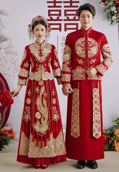 2023 Одежда для тостов в китайском стиле, пара Чонсам, традиционное свадебное платье Ципао с вышивкой красного дракона феникса