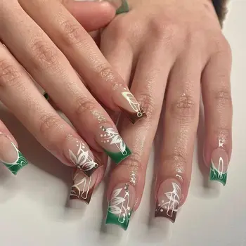24 шт., французские накладные ногти в виде Балерин, зеленые цветы с бриллиантами, накладные ногти, полное покрытие, пресс-форма для ногтей, съемные наконечники для ногтей DIY
