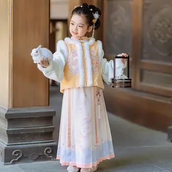 3 шт., комплект зимнего платья Hanfu для милых девочек, винтажный китайский стиль, плотный костюм эпохи Тан, теплый старинный новогодний костюм