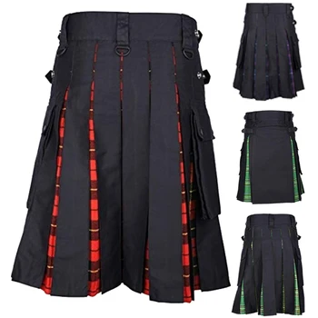 3XL Шотландское мужское праздничное платье, клетчатая плиссированная юбка, декоративная юбка с красными карманами и заклепками на пуговицах, представление на Хэллоуин