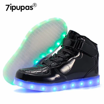 7ipupas/ Зеркальная черная детская обувь с высоким берцем 25-42, повседневные классические кроссовки со светодиодной подсветкой, красочная лампа, прочные светящиеся кроссовки для мальчиков и девочек