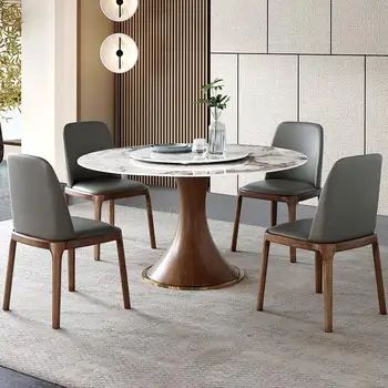ILuxury Talian Light Импортировала Яркую каменную доску, Круглый обеденный стол и стул, современная Простая деревянная мебель для столовой