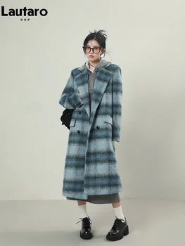 Lautaro Осень зима, длинные теплые шерстяные пальто в цветную синюю клетку для женщин, подплечники, Двубортная корейская мода 2023