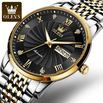 OLEVS 6630, лидирующий бренд, Автоматические механические мужские часы с резьбовым циферблатом, Водонепроницаемый ремешок из нержавеющей Стали, Классическая Роскошь