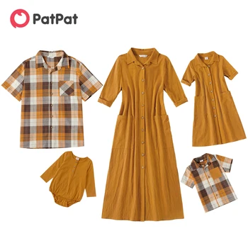 PatPat/ одинаковые комплекты для семьи с однотонным принтом и рисунком в клетку, комплекты рубашек и платьев для семьи Джинджер