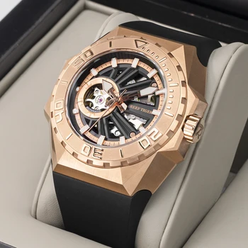Reef Tiger/RT Мужские Спортивные часы для Дайвинга из Розового Золота, Автоматические Механические часы со скелетом, Кожаный ремешок Relogio Masculino RGA6903-S