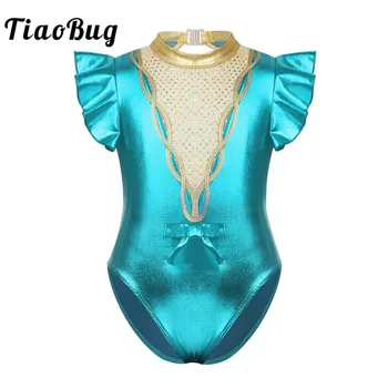 TiaoBug/Балетное Гимнастическое трико с короткими рукавами и металлическими блестками для девочек, Танцевальный костюм для выступлений Шоумена