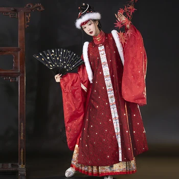 YanBinSha, 4 Цвета, Зимнее платье для Женщин, Китайское Традиционное Платье Династии Мин, Саори, Матовое Платье Феи Ханфу, Вечерние Модные Костюмы