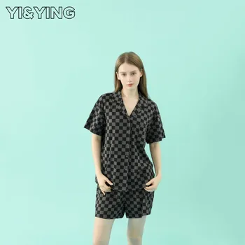 [YI & YING] Летняя пижама из искусственного шелка в фирменном стиле, женский повседневный кардиган из ледяного шелка из двух частей, домашняя одежда YA2C050