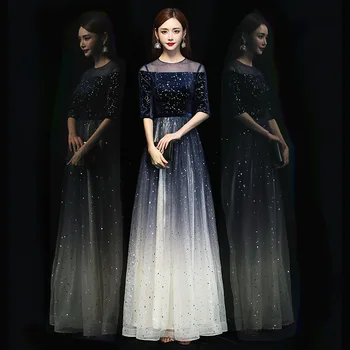 Бархатное Сетчатое Лоскутное Женское Вечернее платье в стиле пэчворк, Элегантное темно-синее Плиссированное платье для выпускного Вечера с градиентами, Grace Qipao Cheongsam Vestidos