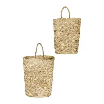 Бежевые настенные корзины из морской травы (набор из 2 размеров) Плетеный мусорный бак, Органайзер для маленькой корзины, Органайзер для шляп, Корзина для покупок, Плетеная корзина для пикника