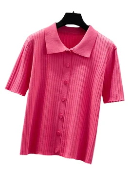 Большой летний новый женский топ-поло Fat MM Розово-красного цвета с круглым вырезом, трикотажная футболка с коротким рукавом, Женский модный трикотажный топ