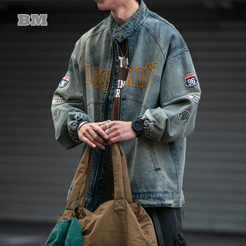 Высококачественная американская Винтажная нашивка с вышивкой, Мотоциклетная потертая джинсовая куртка, мужская одежда, Корейская Уличная одежда, пальто в стиле хип-хоп