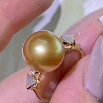 Гигантское AAAA 10-11 мм Аутентичное Золотое кольцо с жемчугом Южно-Китайского моря 925s
