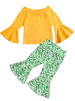 Детская одежда для маленьких девочек, футболки с длинными рукавами и оборками, топы, штаны с подсолнухом, Комплект из 2 предметов, весенне-осенняя одежда