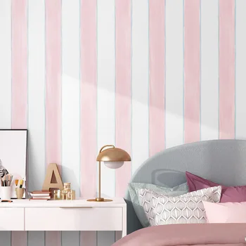 Детские Обои Спальня для девочек и мальчиков, комната Принцессы в скандинавском стиле, розовые обои с вертикальными полосками из мультфильмов, розовые обои