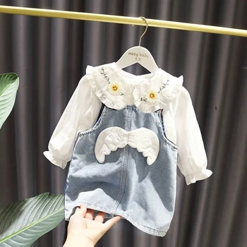 Детский Джинсовый костюм для девочек, комплект детской весенней одежды 2023, Новая детская хлопковая рубашка, юбка с поясом, костюм из 2 предметов для маленьких девочек