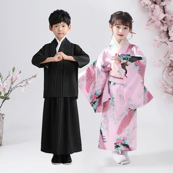 Детское Кимоно в японском стиле, 8 цветов, Пояс с бантом с цветочным принтом для девочек, Тонкая Мягкая Юката, Комплекты Кимоно для мальчиков в стиле самураев