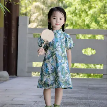 Детское платье с цветочным рисунком Panda Baby 2023, Весенне-Летнее Новое Милое и свежее Платье с рукавами-пузырями, Милое Hanfu для мам и детей