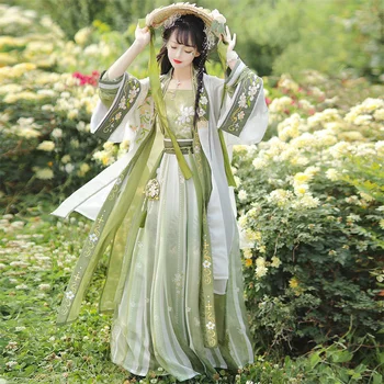 Династии Сун лето Hanfu женская шинуазри талии длина юбки зеленый супер фея элегантный Хан Xuqing гардения платье