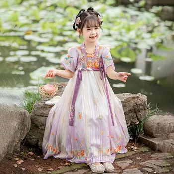 Древние детские традиционные фиолетовые платья с цветочной вышивкой, китайский наряд, костюм для девочек, представление народных танцев Hanfu