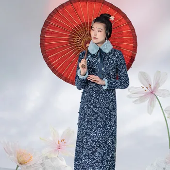 Женская синяя бязевая улучшенная юбка Чонсам с длинным рукавом и воротником-стойкой, тонкая юбка в традиционном китайском стиле в стиле ретро