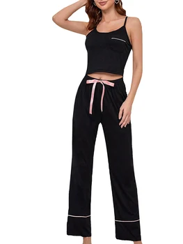 Женский Пижамный комплект из 2 предметов, черный топ на бретелях без рукавов, Штаны на завязках, Комплекты пижам