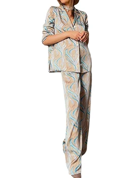 Женский повседневный пижамный комплект с воротником-лацканами, рубашкой на пуговицах с длинным рукавом и удобными брюками - комплект одежды для отдыха из 2 предметов