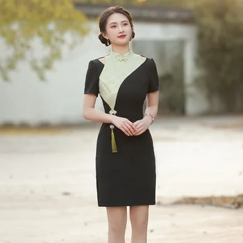 Женское Китайское традиционное черное мини-платье Cheongsam с коротким рукавом, Элегантный костюм с воротником-стойкой Qipao