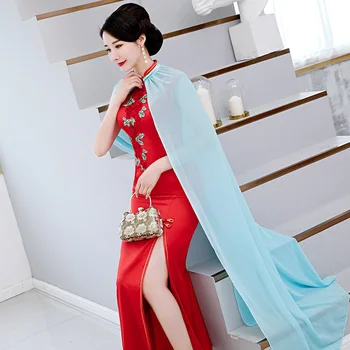 Женское Новое свадебное платье с вышивкой в китайском стиле с накидкой Ципао, воротник-стойка, пуговицы, новинка Cheongsam