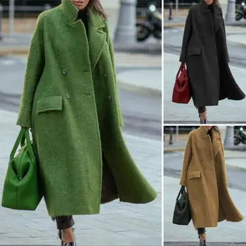 Женское пальто, однотонная Утолщенная Двубортная верхняя одежда, Осень-зима, Отложной воротник, Длинный тренч, Уличная одежда