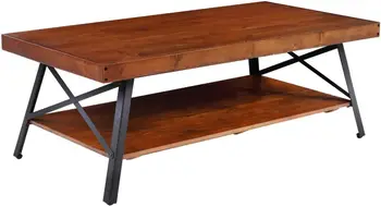 Журнальный столик Emerald Home Chandler в деревенском стиле из массива дерева и стали с открытой полкой, коричневый