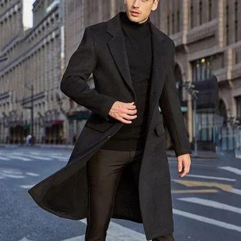 Зимнее Мужское пальто, Однотонная куртка с длинным рукавом и пуговицами, Мужское пальто, Уличный стиль, тренч средней длины, Новое Мужское шерстяное пальто, Топ