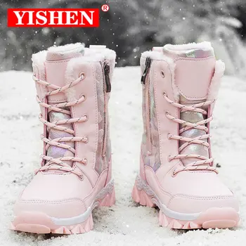 Зимние ботинки YISHEN Для девочек, Теплые плюшевые детские ботинки, Обувь Принцессы, Теплые меховые противоскользящие ботинки до середины икры, детская зимняя обувь Розового цвета
